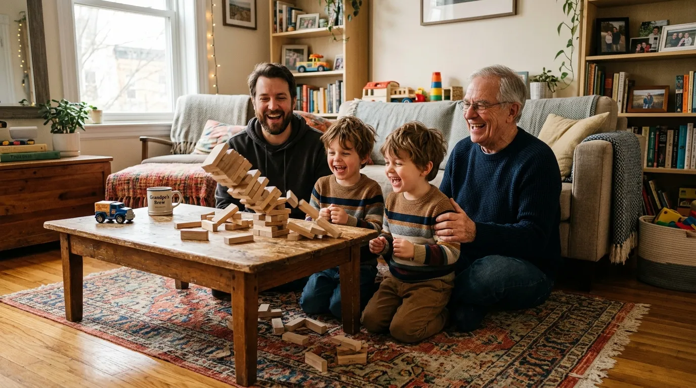 A grandfather, father, and twin boys laughing as a wooden block tower falls on a coffee table