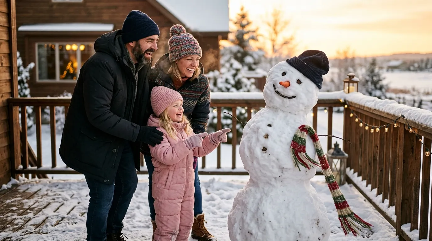 A family of three laughing at a lopsided snowman on a snowy back porch