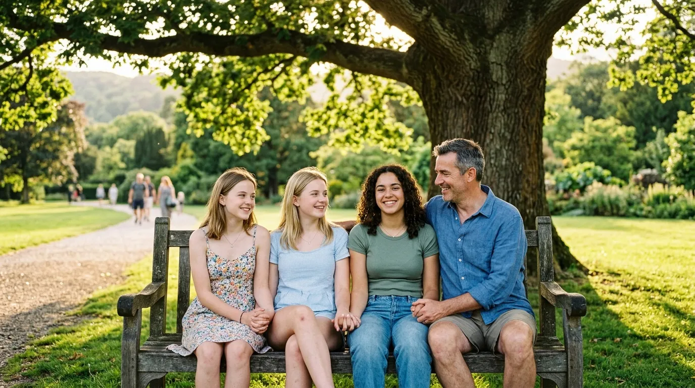A father and his three daughters sitting peacefully on a park bench under a large tree.