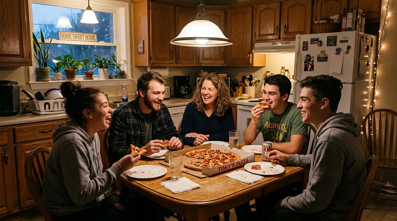 A mother and her four children eating pizza and laughing around a kitchen table.