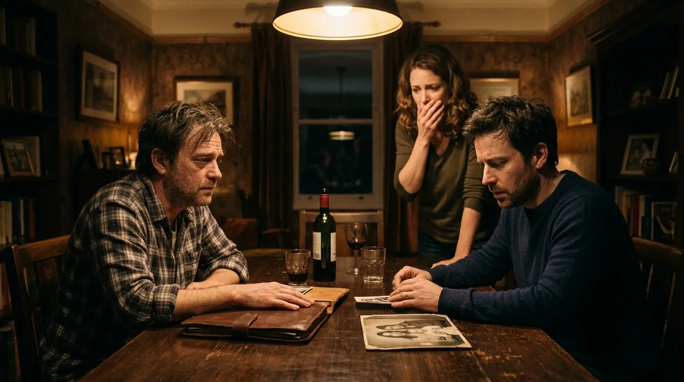 Two men and a woman sitting at a table looking at an old photograph.