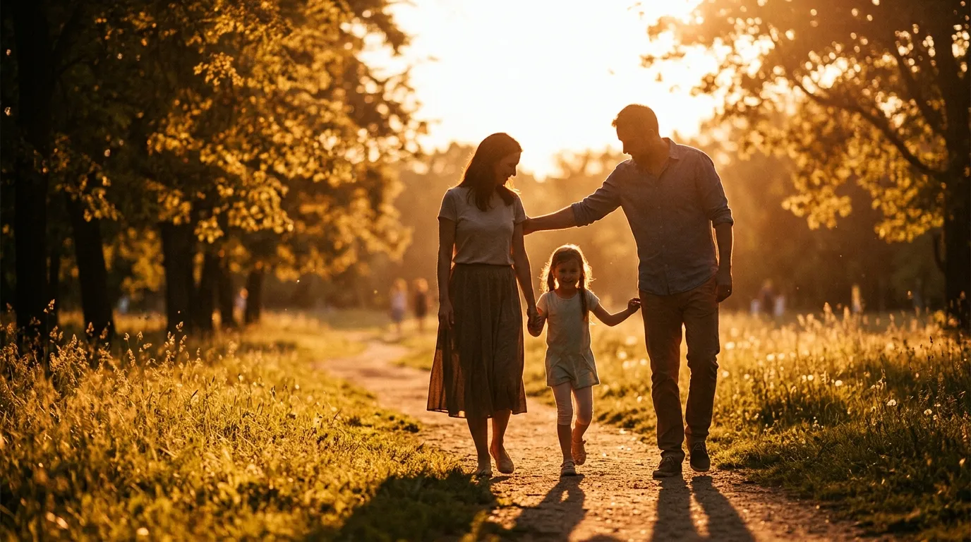Silhouette of a mother, young girl, and supportive father figure walking in the sun.