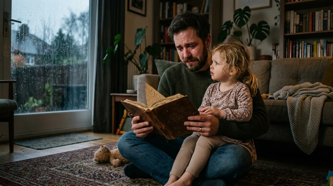 A father reading a journal and crying while his young daughter sits on his lap.