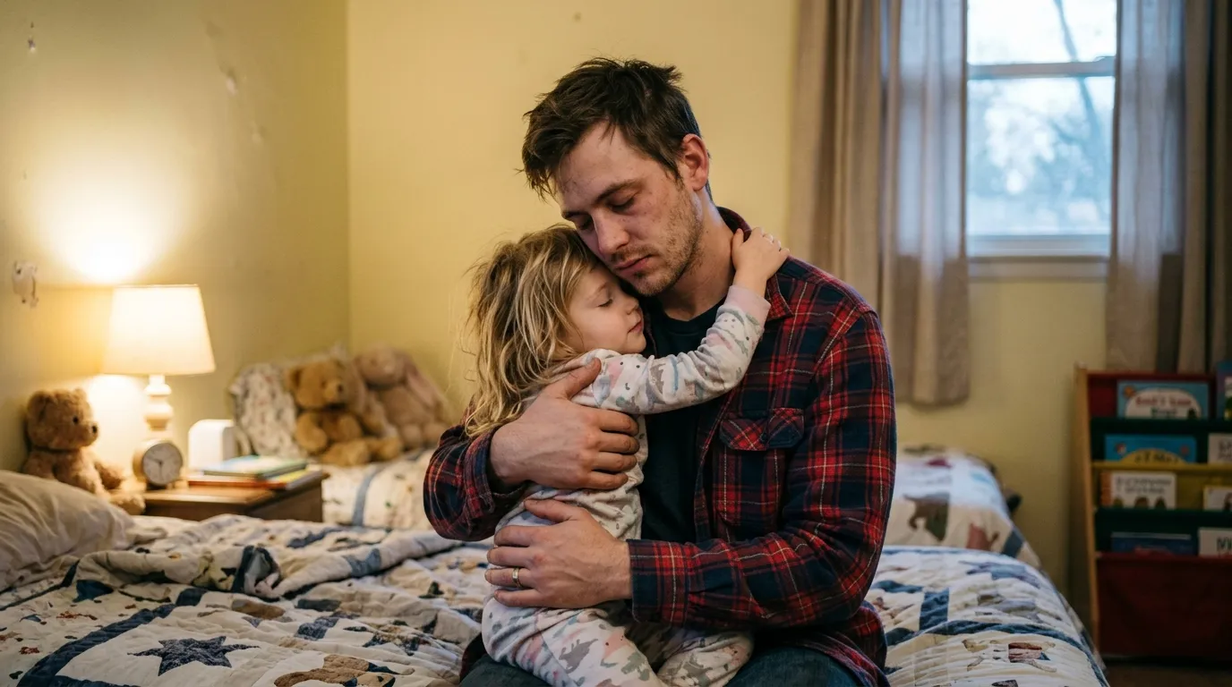 Exhausted but relieved young father hugging his little girl in a pale yellow bedroom
