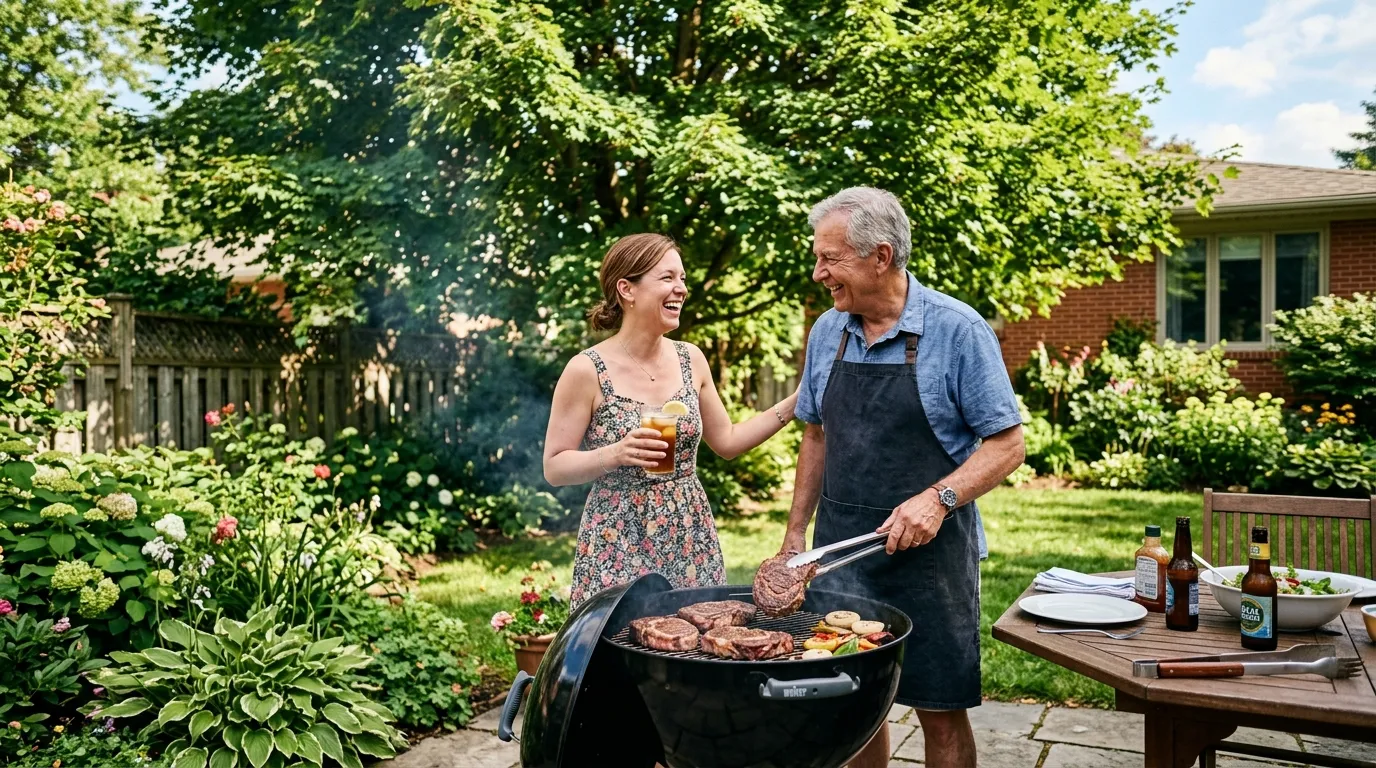 An older man and his daughter happily grilling steaks together in a sunny backyard
