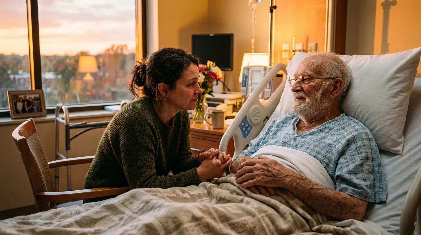 A daughter holding her elderly father's hand in a hospital room