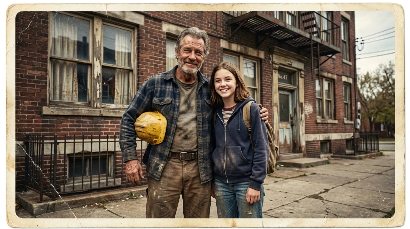 A worn photograph of an older, weary man smiling warmly next to a teenage girl outside a brick apartment building.