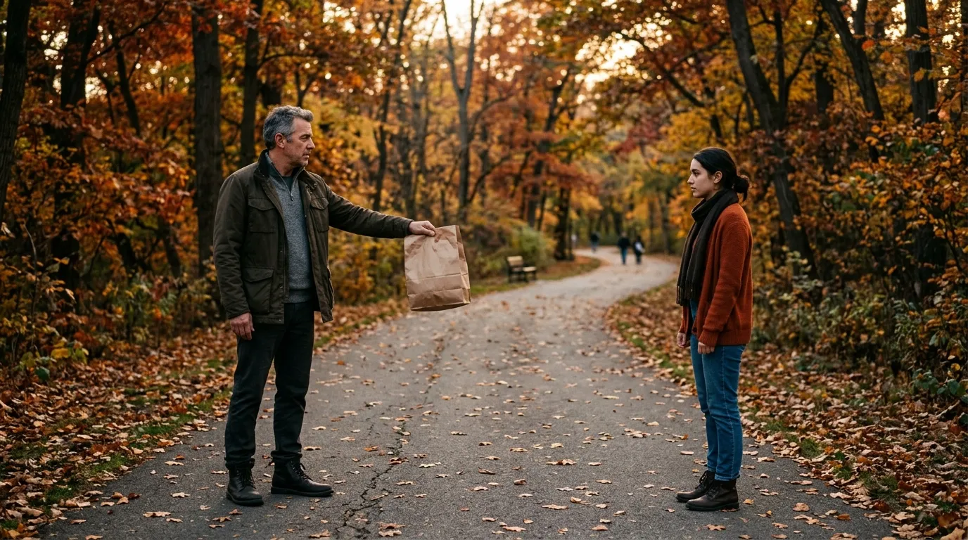 A father handing a paper bag to his adult daughter in an autumn park