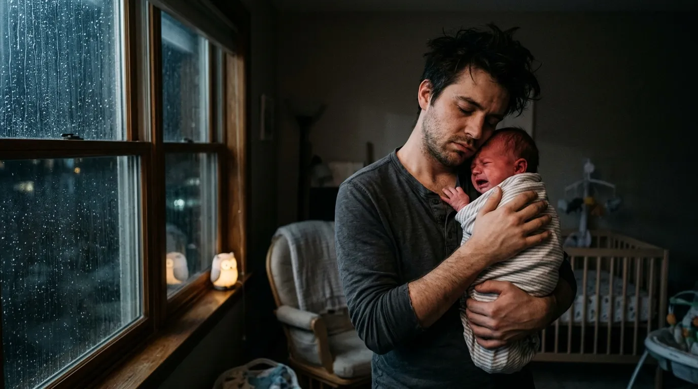 A father holding his newborn baby in a dark, rainy nursery