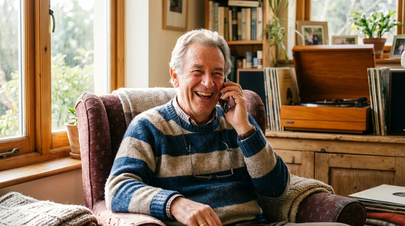 Older man laughing on the phone in a sunlit living room