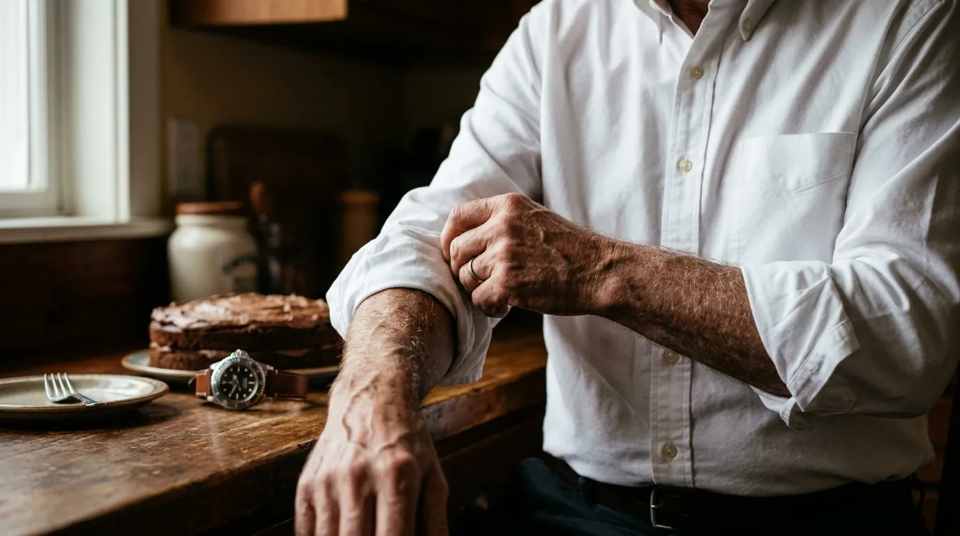 Close-up of a man's hands calmly rolling up the sleeves of his shirt, with a watch on the counter behind him.