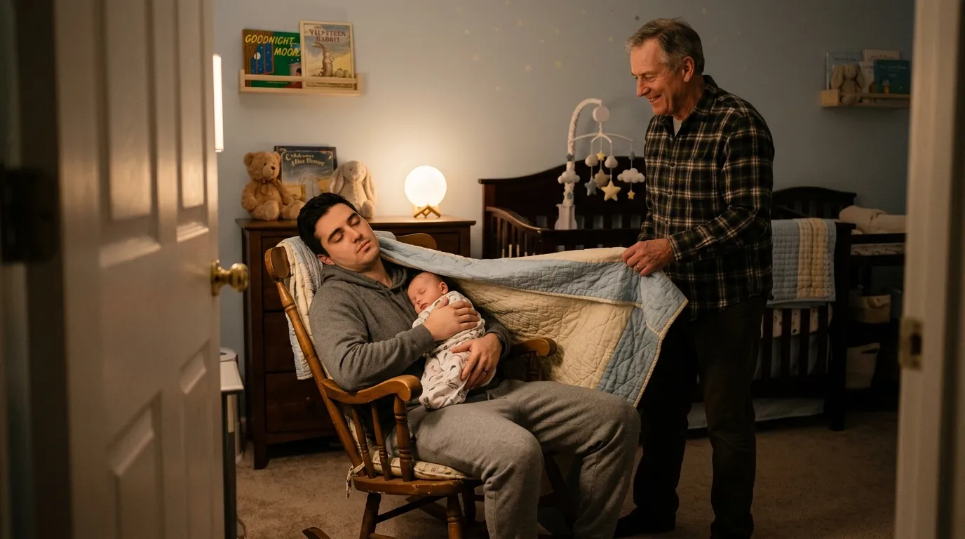 A grandfather gently placing a blanket over his sleeping son who is holding a newborn baby.