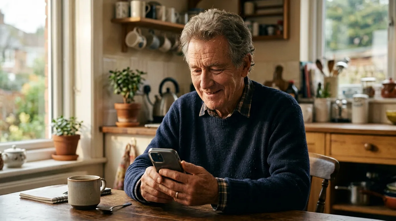 Older man smiling at his smartphone in a sunlit kitchen