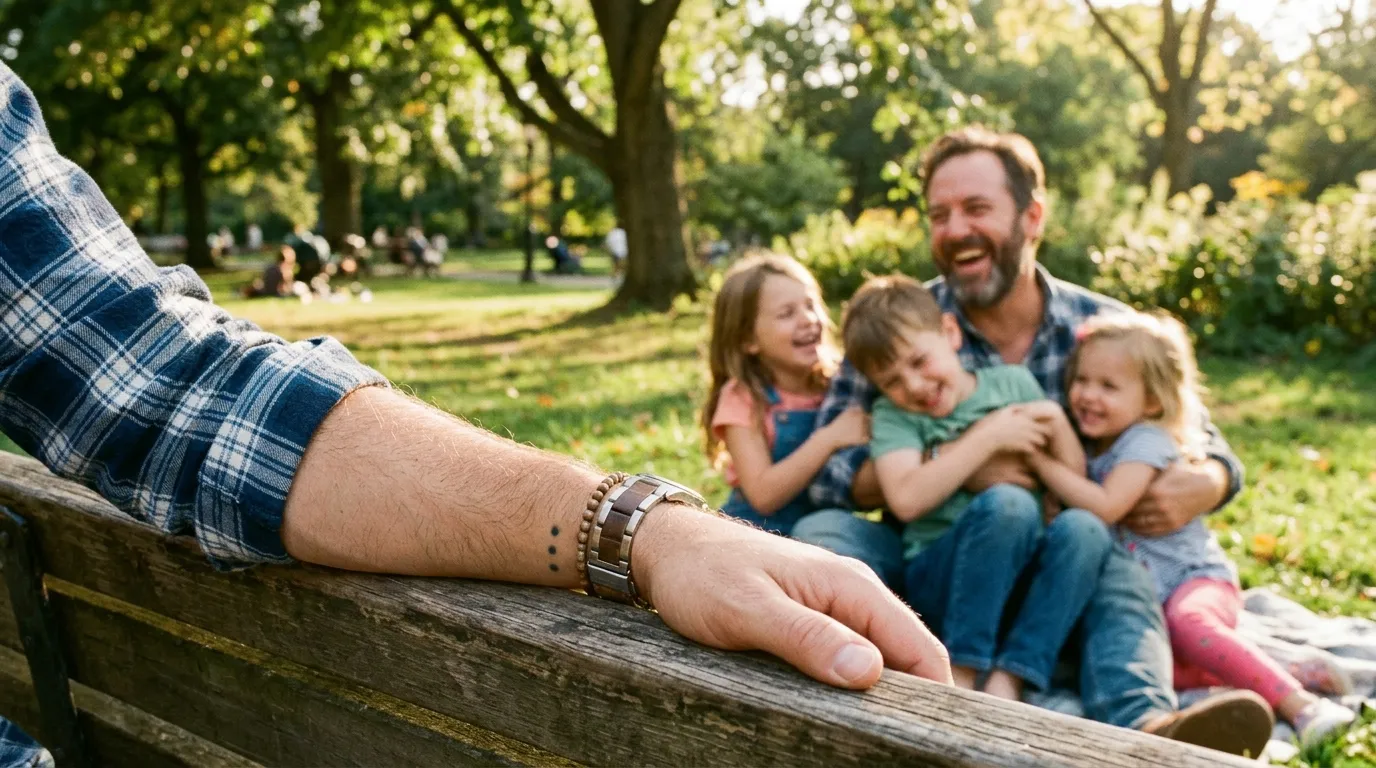 A father with a three-dot tattoo on his wrist playing with his three children in a park.