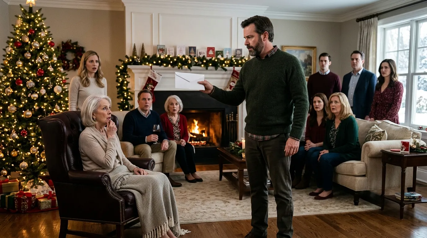 A father standing in a tense living room holding a white envelope, with shocked relatives looking on.