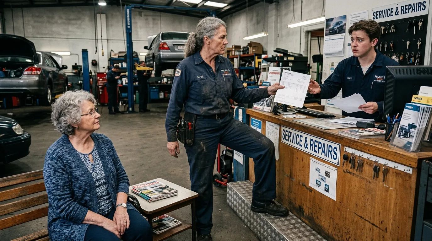 Female senior mechanic in uniform stepping in to take an invoice from a younger male mechanic
