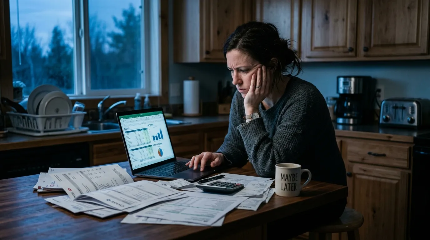 A woman in a dimly lit kitchen looking stressed while examining financial documents and a laptop screen.