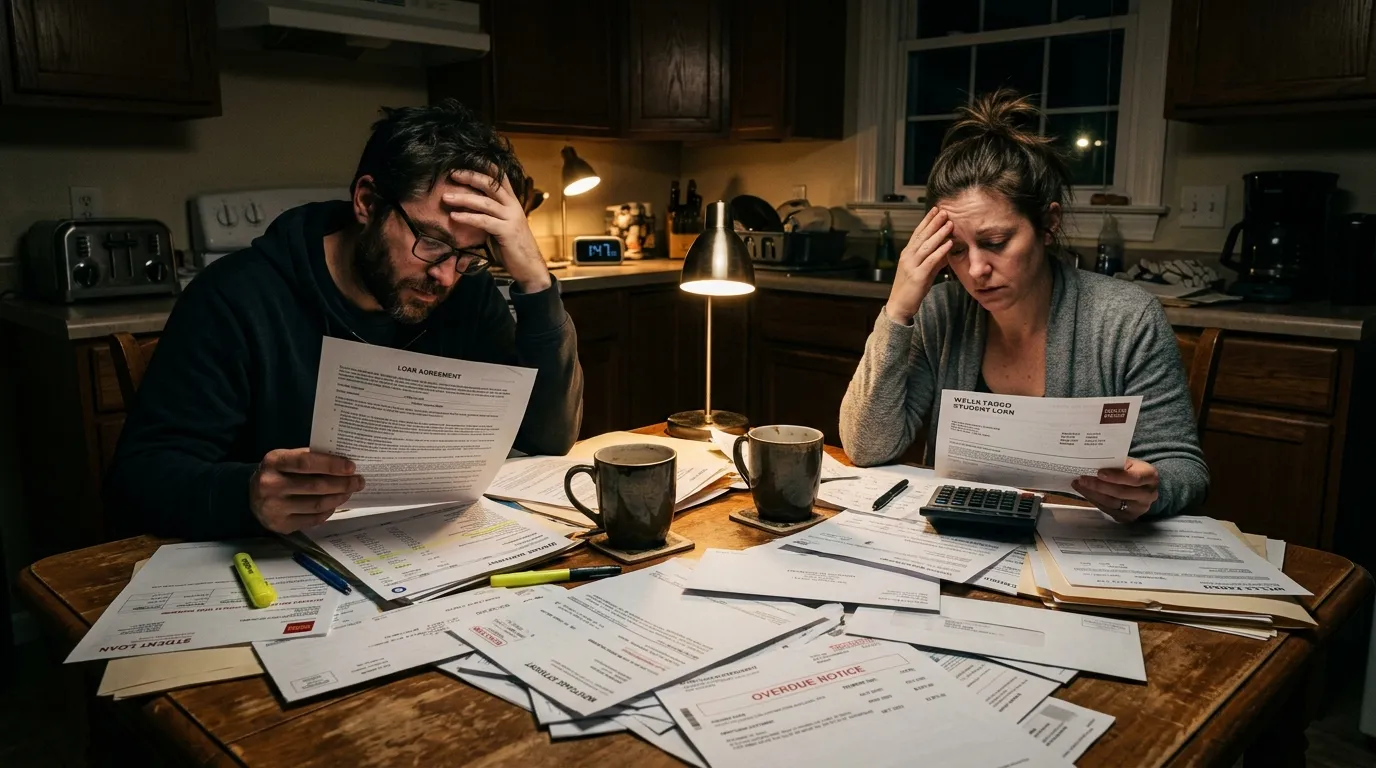 A dimly lit kitchen table covered in scattered financial documents, bank statements, and loan agreements.