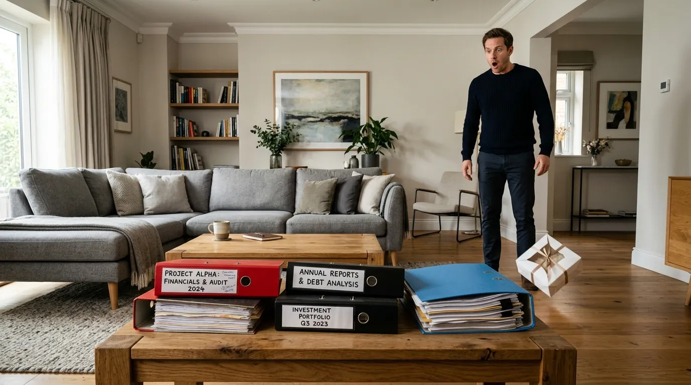 Three financial folders on a coffee table with a shocked man in the background