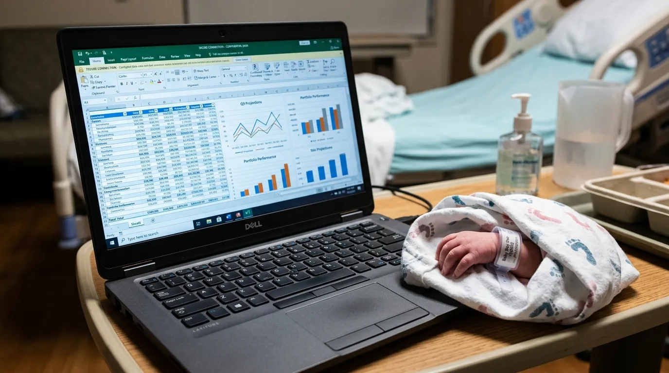 Encrypted laptop showing financial spreadsheets next to a newborn baby
