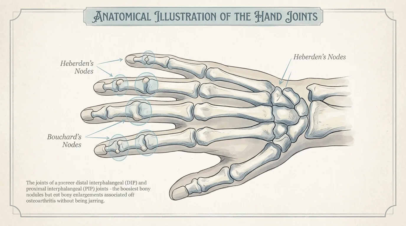 Medical illustration of a hand showing Heberden's and Bouchard's nodes