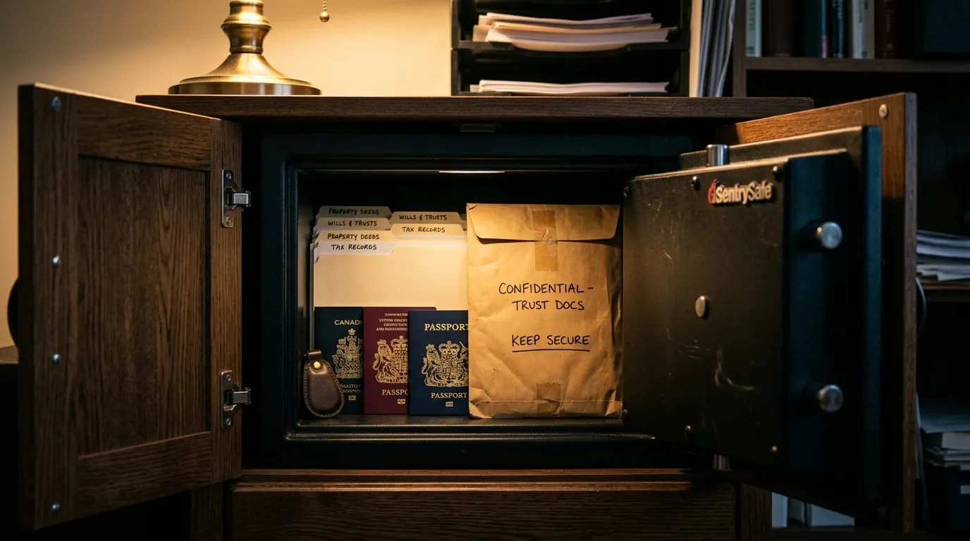 An open fire safe revealing organized documents and folders