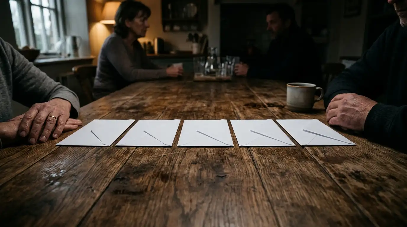 Five plain white envelopes lined up neatly on a rustic wooden kitchen table