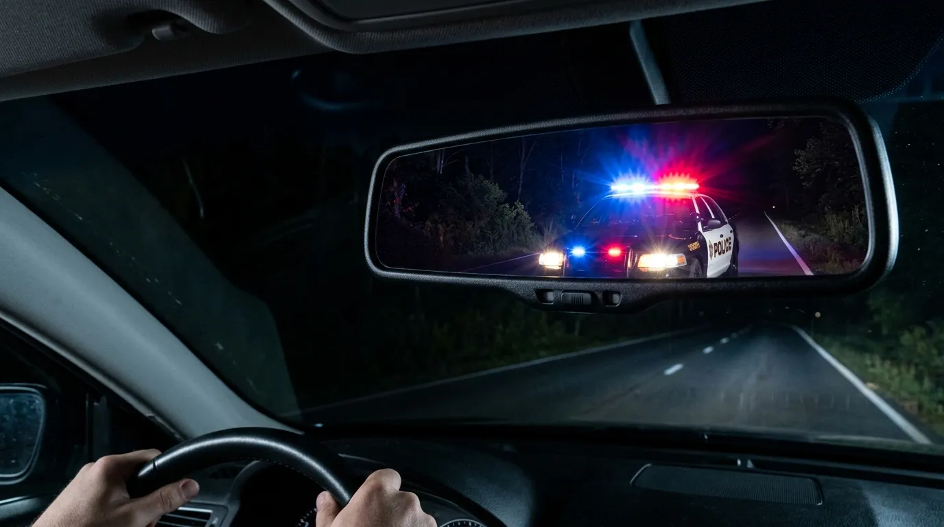 Red and blue police lights flashing in a car's rearview mirror.
