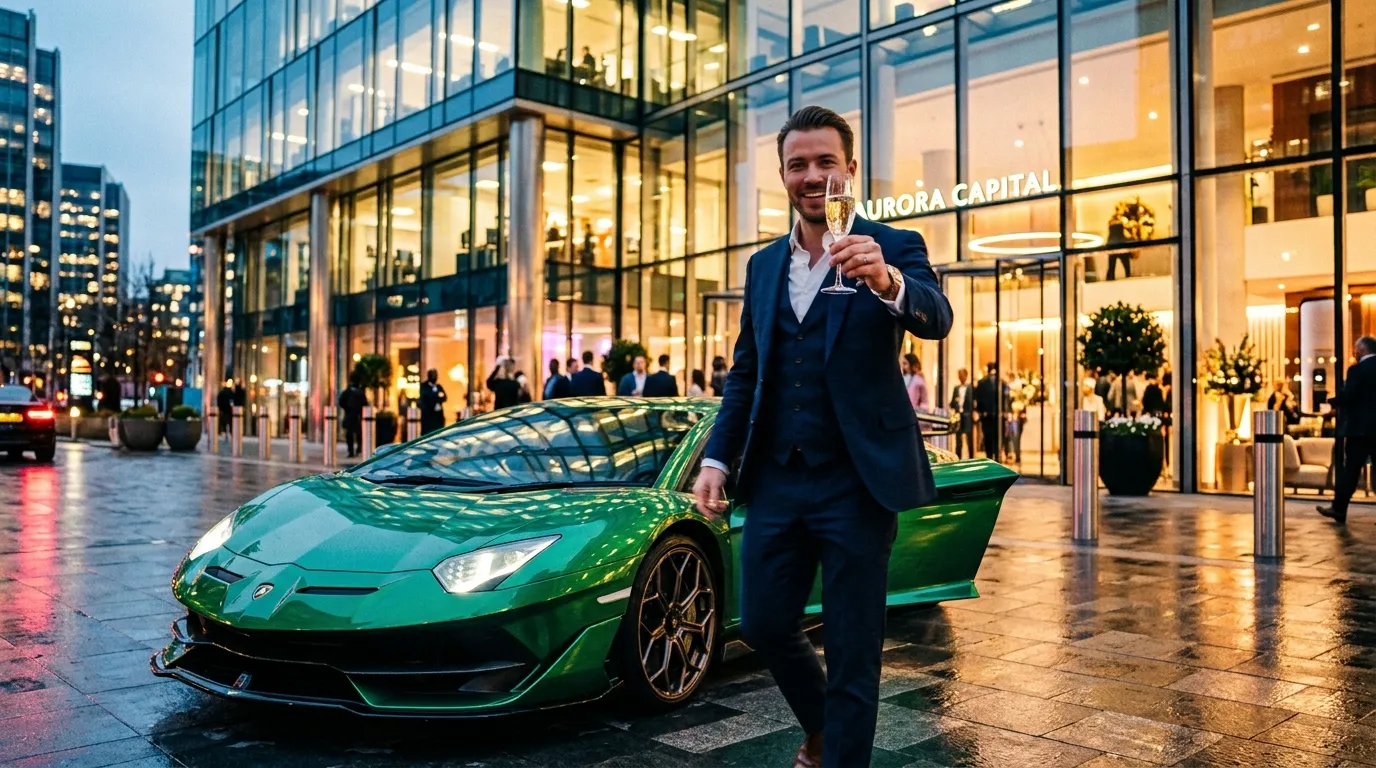 Luxurious sports car parked outside a glass-walled office