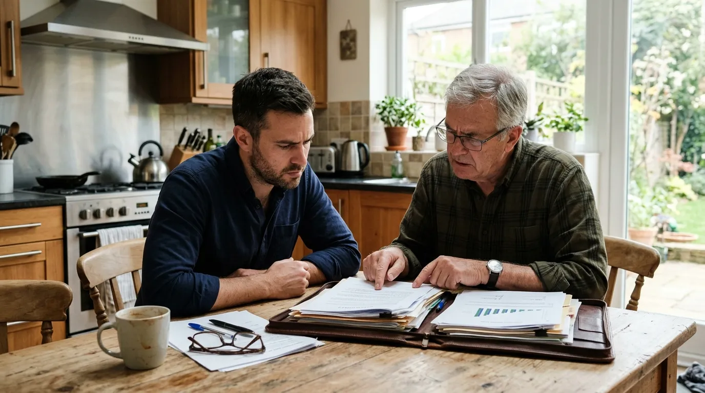 Two men looking seriously at a leather folder full of documents on a kitchen table