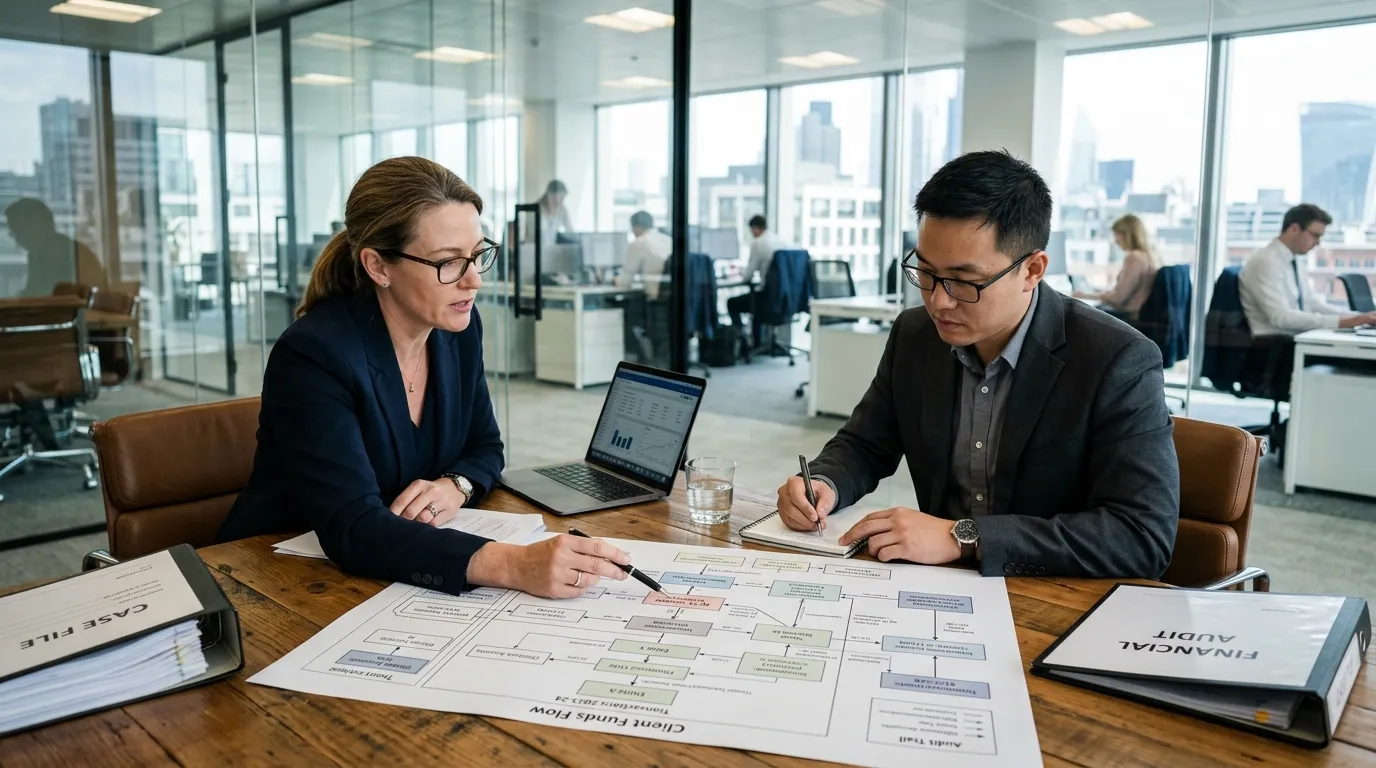 A lawyer and forensic accountant analyzing financial flowcharts in a glass-walled office