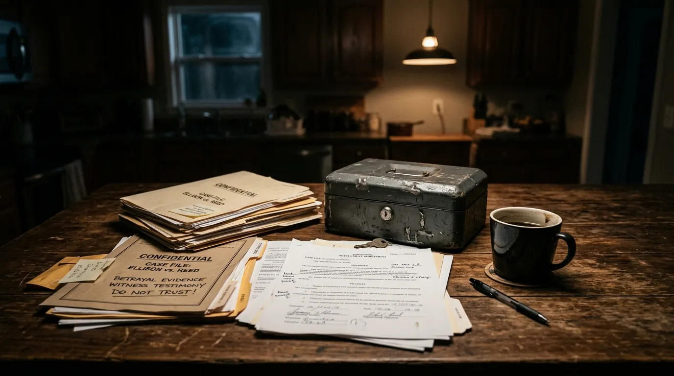 Battered lockbox and legal documents on a dark wooden table