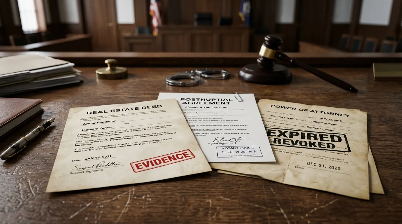 Close up of a wooden desk with a forged real estate deed, stamped postnuptial agreement, and an expired Power of Attorney.