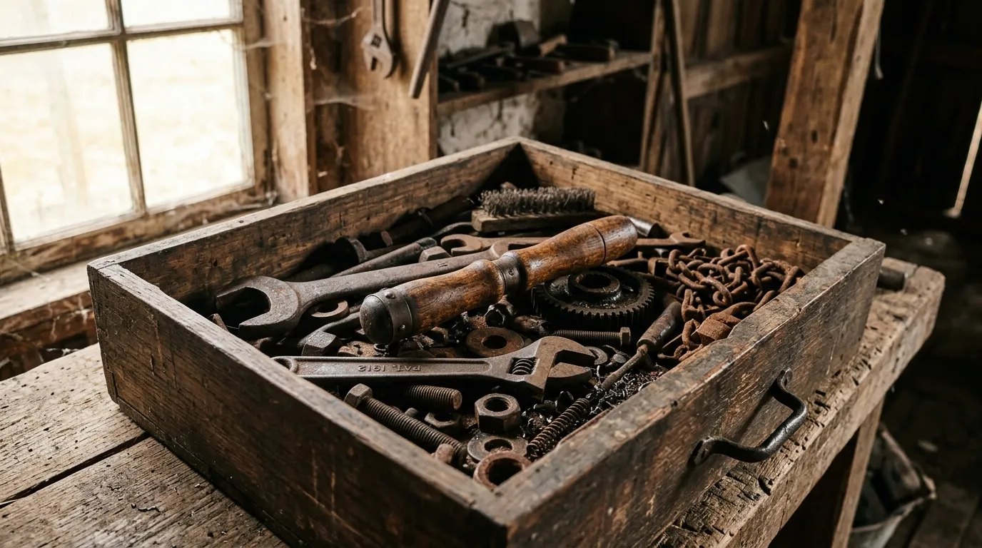 An open wooden drawer filled with forgotten, dusty antique tools.
