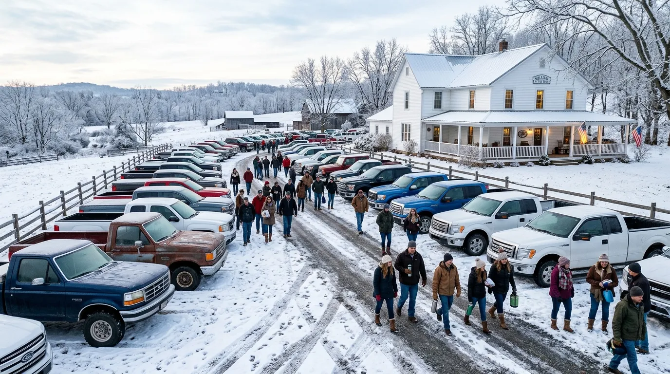 Dozens of various pickup trucks parked in a long, snow-dusted driveway.