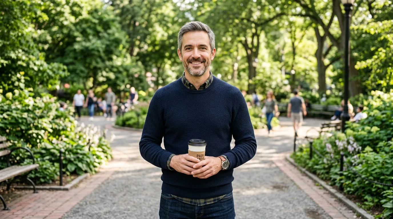 A confident 40-year-old man standing in a park, holding a cup of coffee and smiling peacefully.