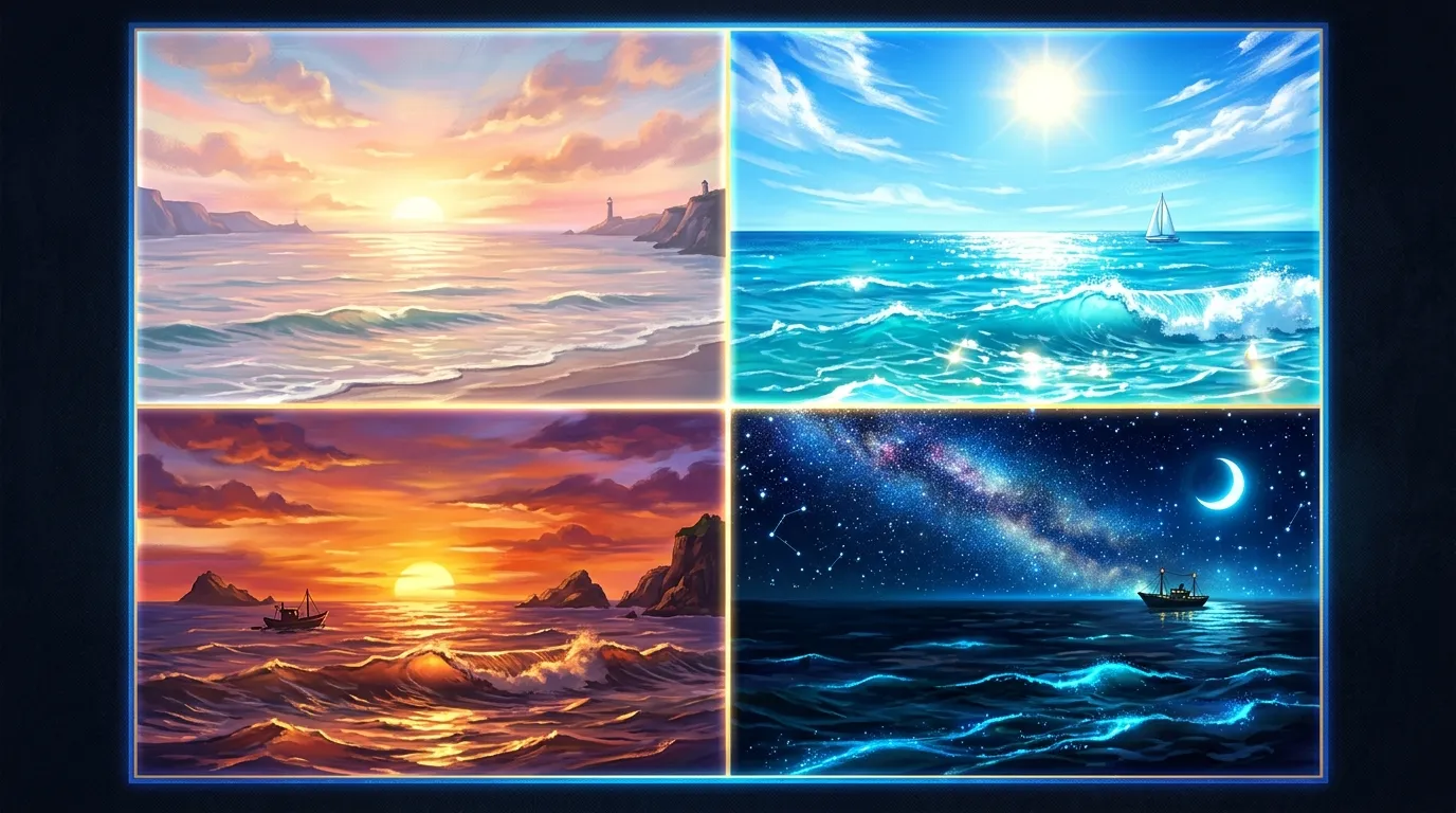 An artistic digital painting of the ocean divided into four equal square panels showing different times of day.