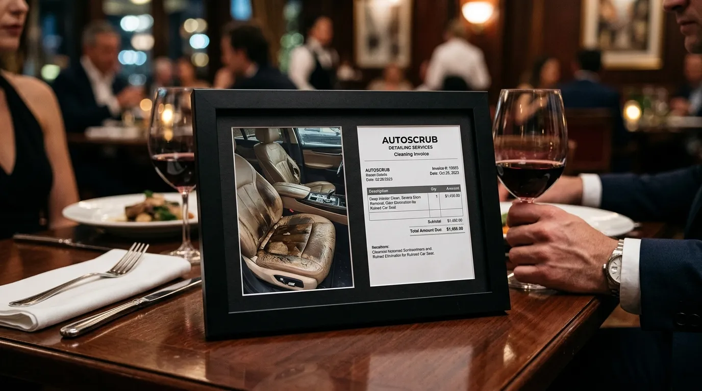 A framed cleaning bill and a photograph of a ruined car seat sitting prominently on a table.
