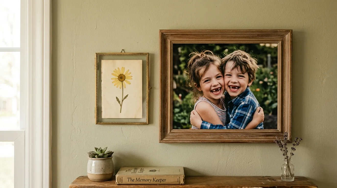 A framed pressed yellow daisy next to a photo of smiling 8-year-old twins