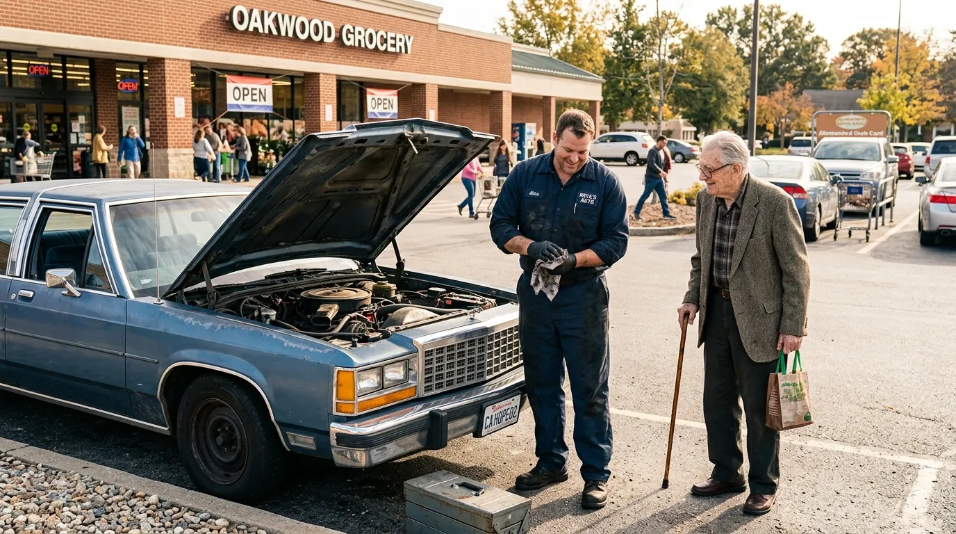 A mechanic working on the engine of a blue car while an elderly man watches.