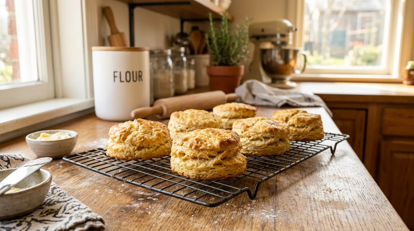 Freshly baked biscuits cooling on a rack in a warm kitchen