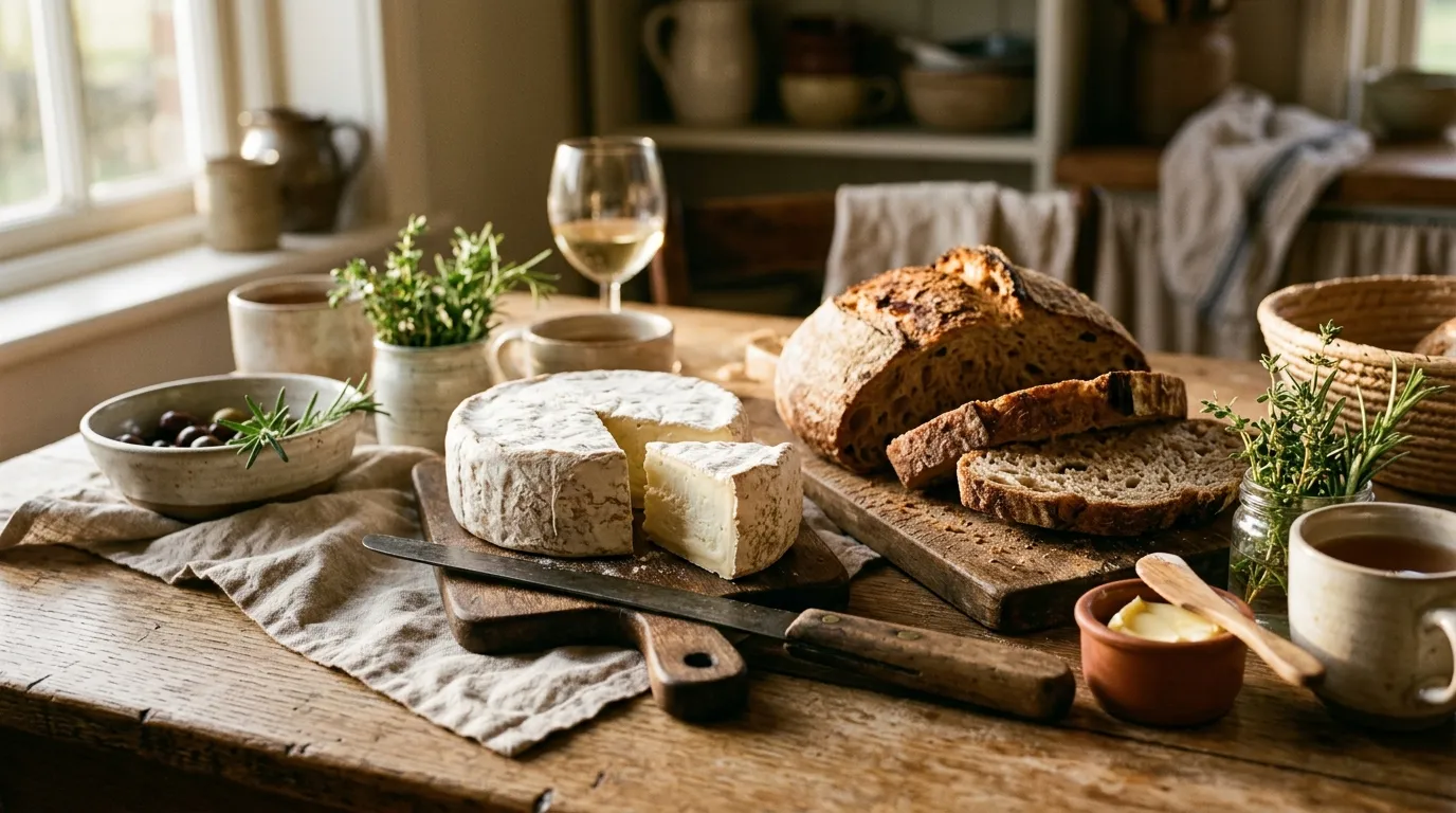 Freshly pressed white cheese served on a rustic table with a loaf of crusty country bread.