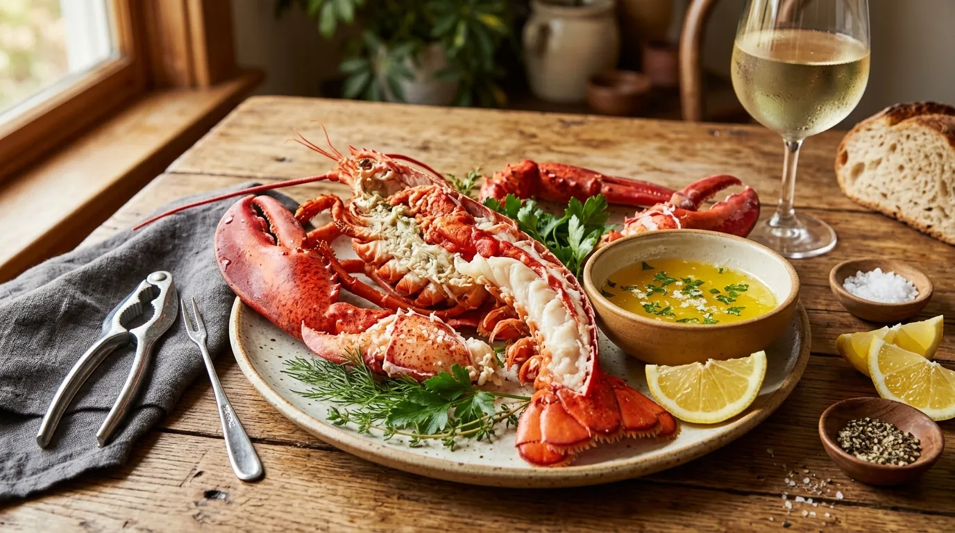 Freshly cracked steaming lobster on a rustic wooden table with butter and lemons