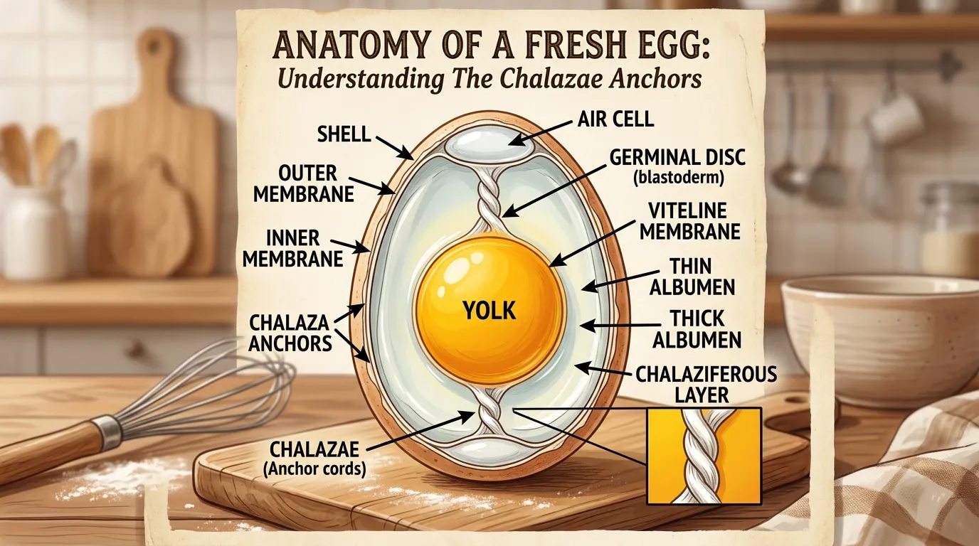 Anatomy diagram pointing to the chalaza inside a fresh egg