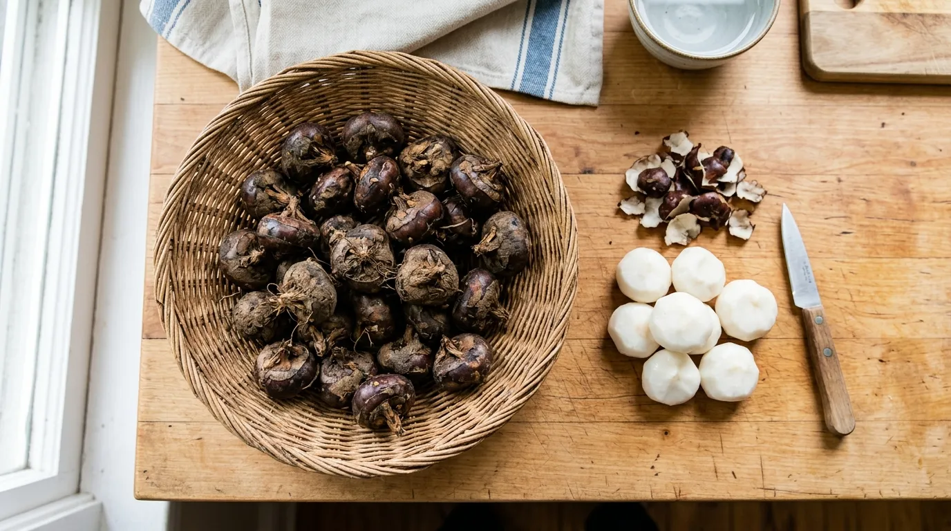 Raw unpeeled water chestnuts next to peeled ones