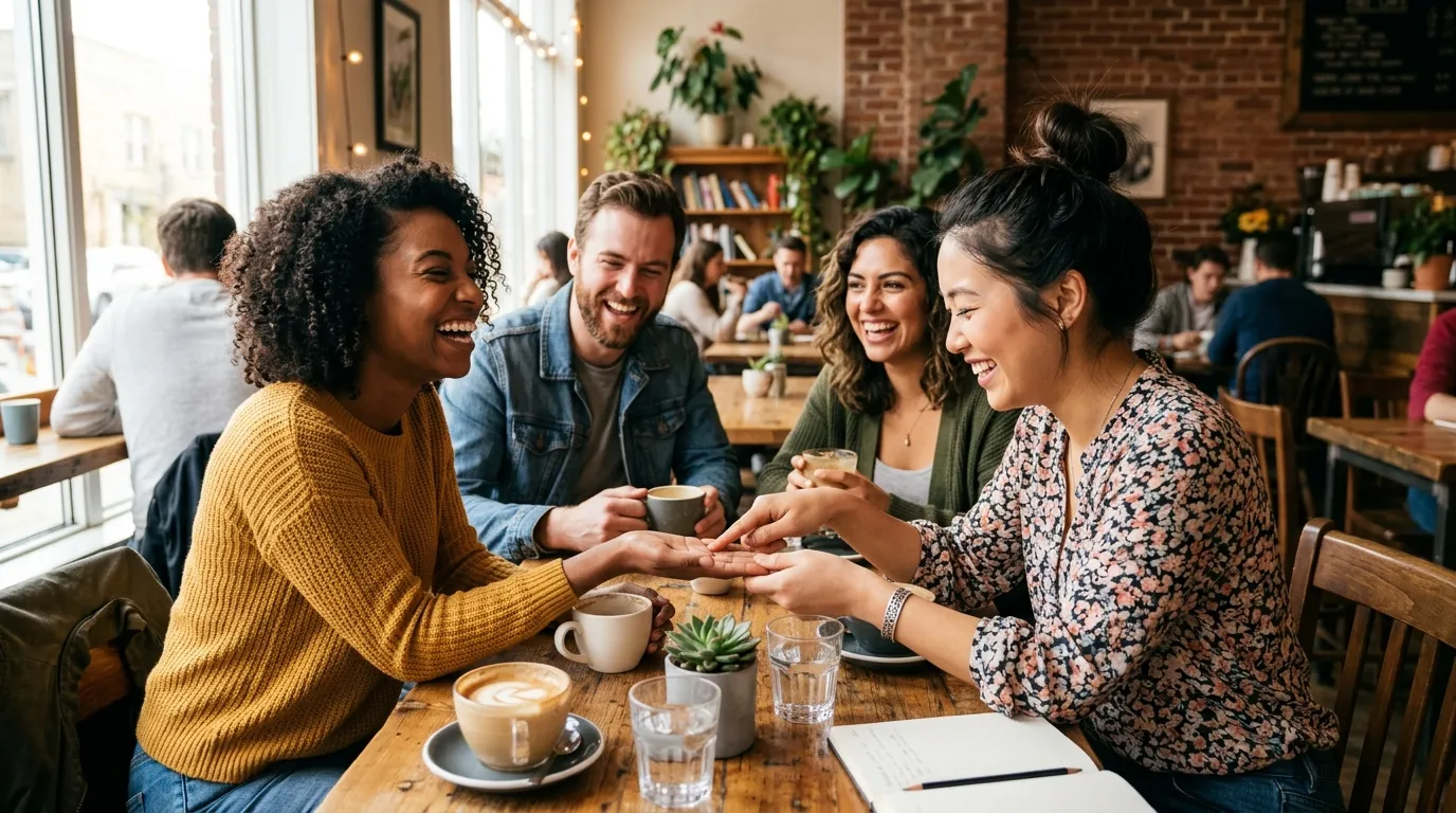 Group of friends laughing while playfully reading palm lines at a cafe