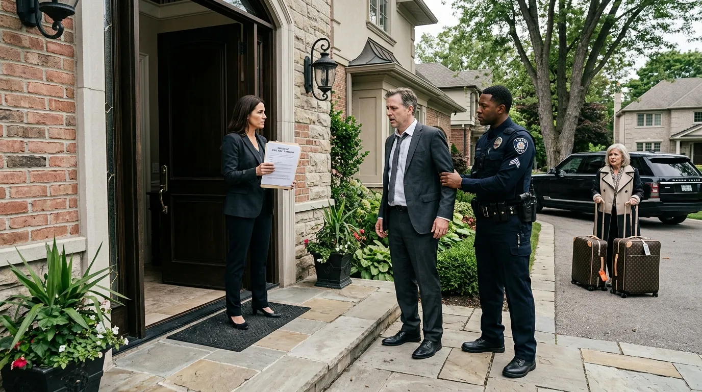 A shocked man and his mother standing outside a front door being handed legal documents