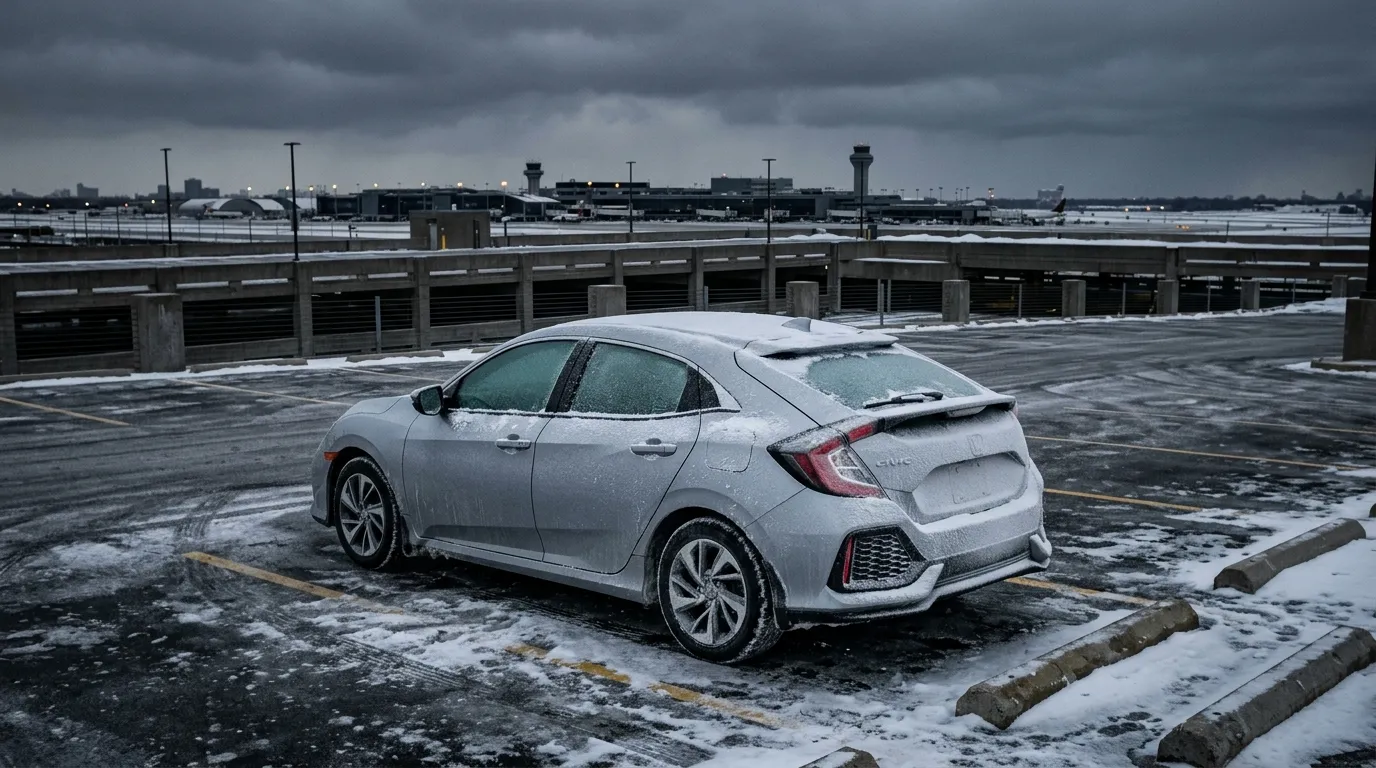 A frost-covered silver car parked in a desolate airport parking lot during winter