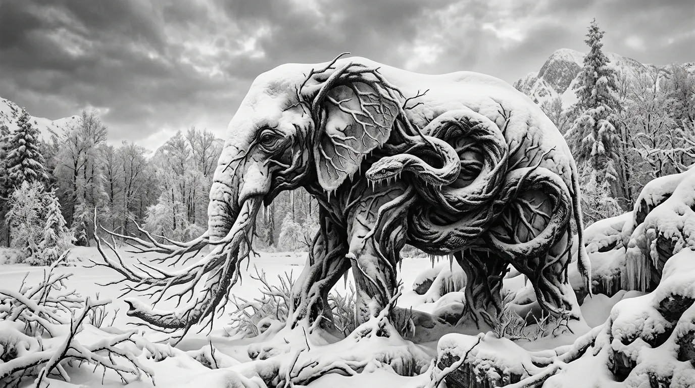 A snowy frozen landscape optical illusion hiding a snake and an elephant