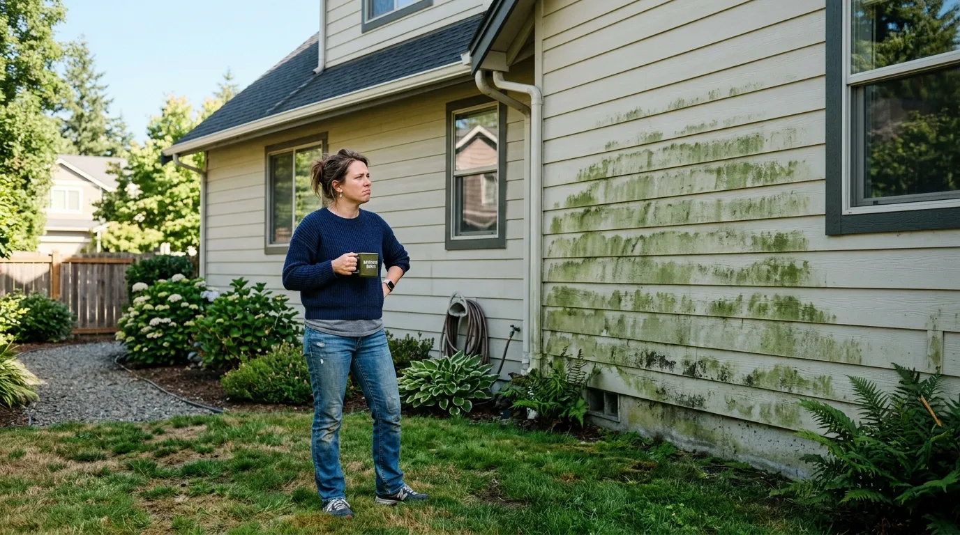 Frustrated homeowner looking at green algae on their house siding